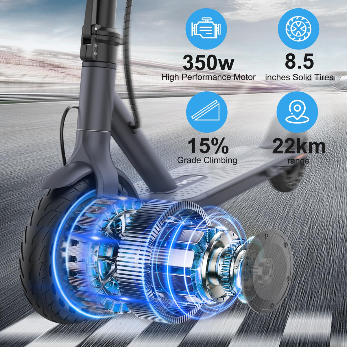 Riceel Electric Scooter, Max Speed 25 km/h, Max Range 20 km, 8.5" Solid Tire