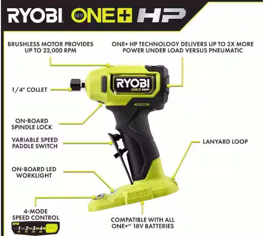 RYOBI 18V ONE+ HP Compact Brushless 1/4" Right Angle Die Grinder Kit